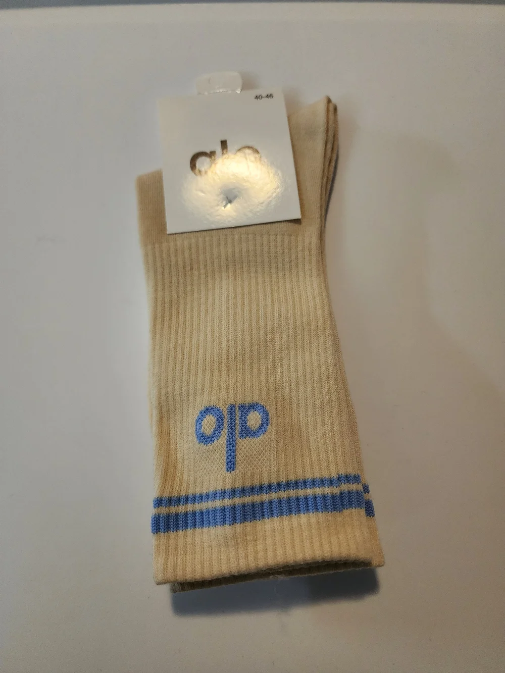 Fashion Yoga Beige Crew Socks with Blue Logo and Stripes